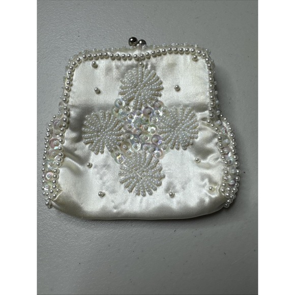 The Unbranded Brand Handbags - Vintage Coin Purse White Satin with Beads and Sequins Wedding Formal